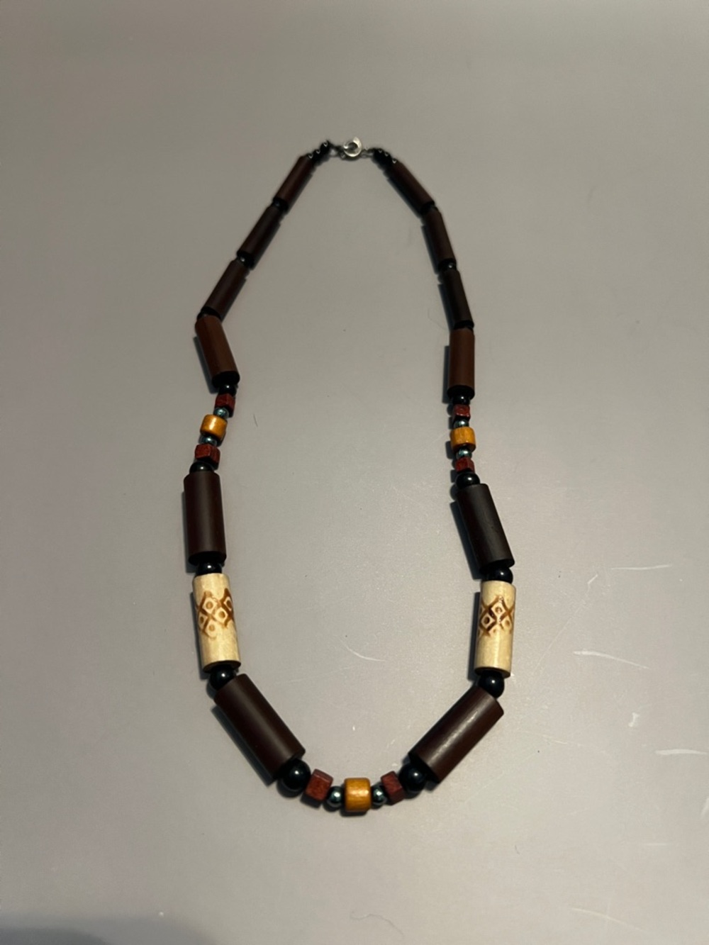 Vintage Tribal Inspired Beaded Necklace - Earthy Wood & Resin Accents